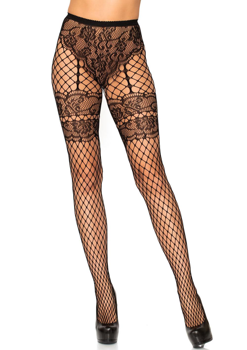 Lace French Cut Faux Garter Net Tights - One Size Black - Love It Wet