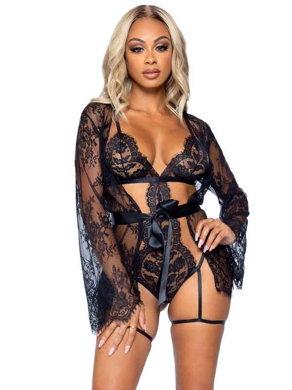 All Romance Lace Teddy and Robe Set - Large - Black - Love It Wet