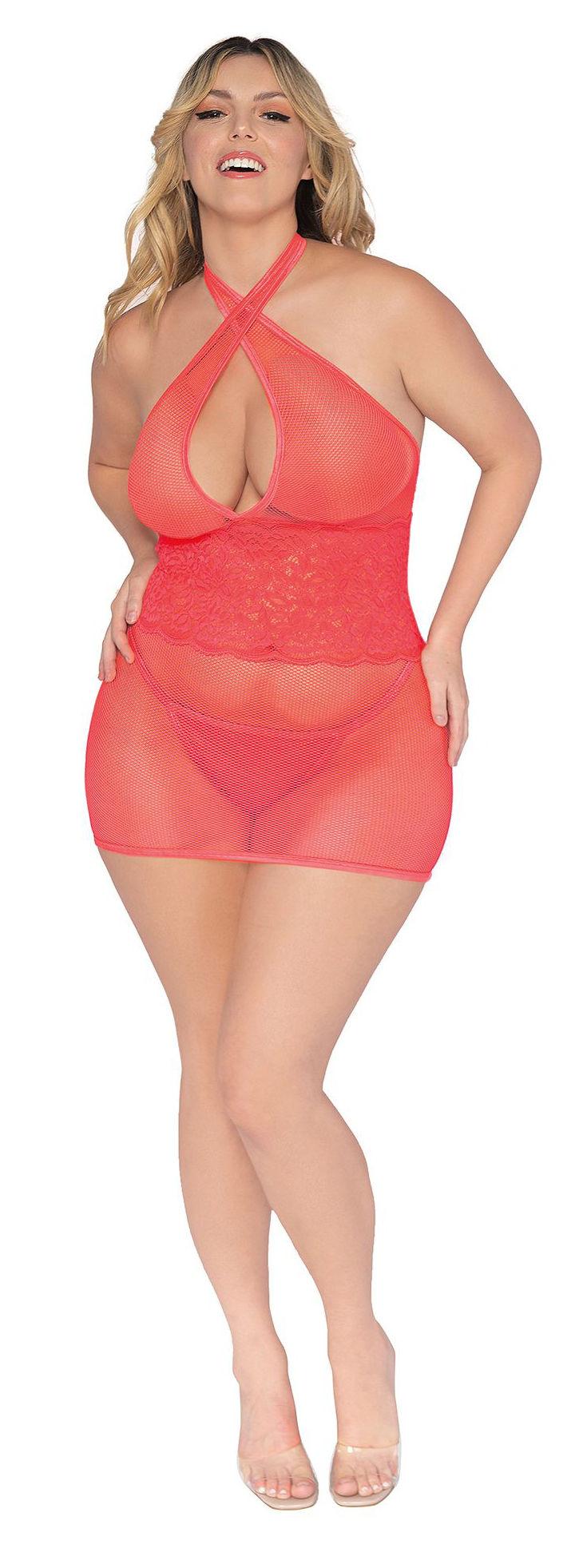 Stretch Fishnet and Scalloped Stretch Lace Chemise - Queen - Coral - Love It Wet