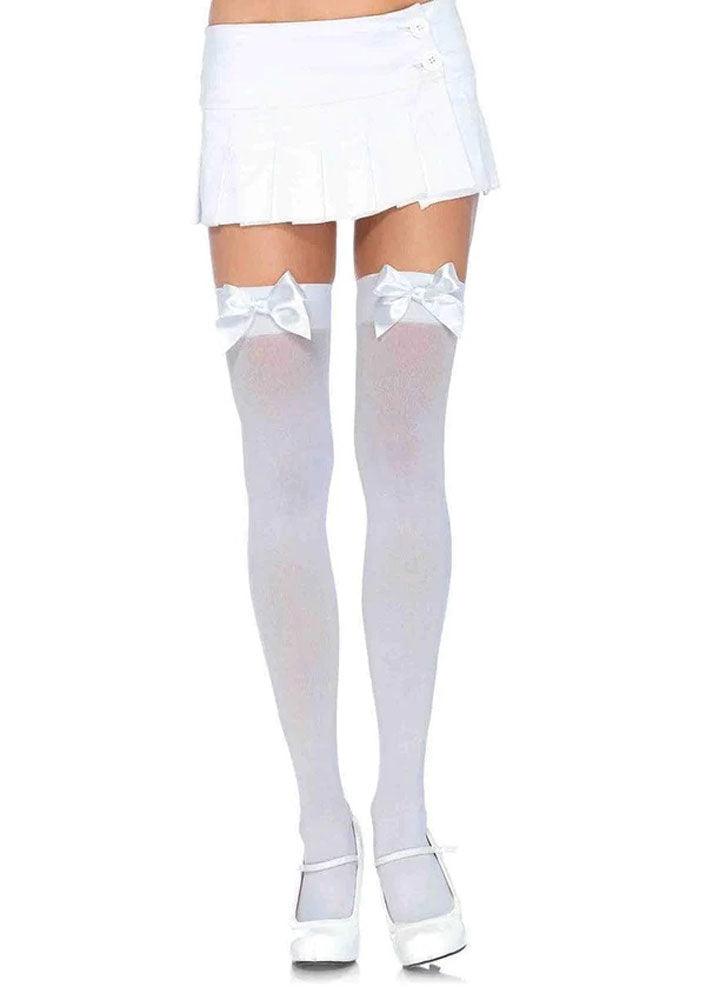 Opaque Thigh Highs With Satin Bow Accent - One Size - White - Love It Wet