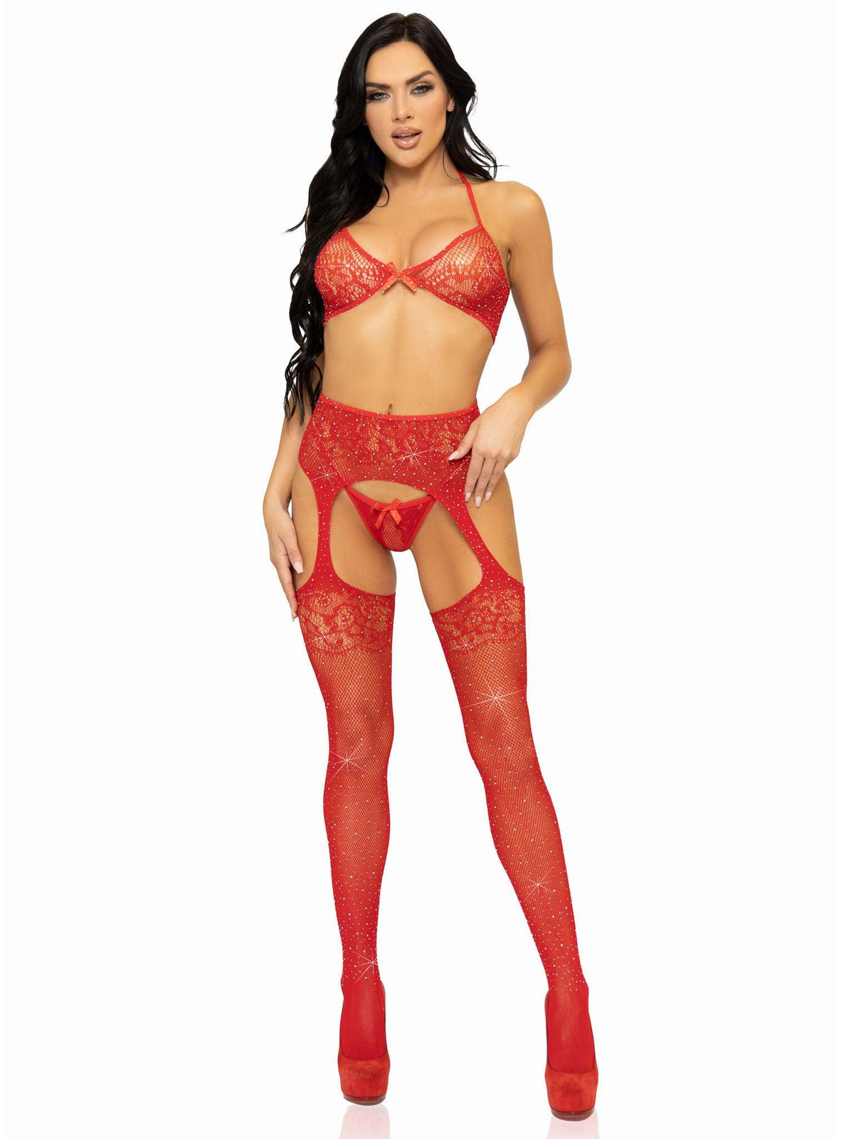 3 Pc Rhinestone Bra Top, G-String, and Garter Belt Stockings - One Size - Red - Love It Wet
