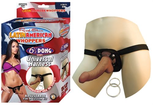 All American Whoppers 6.5-Inch- Dong With  Universal Harness- Flesh