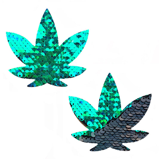 Ariel  - Green to Black Flip Sequin Gold Dope Af Weed Leaf Pasties