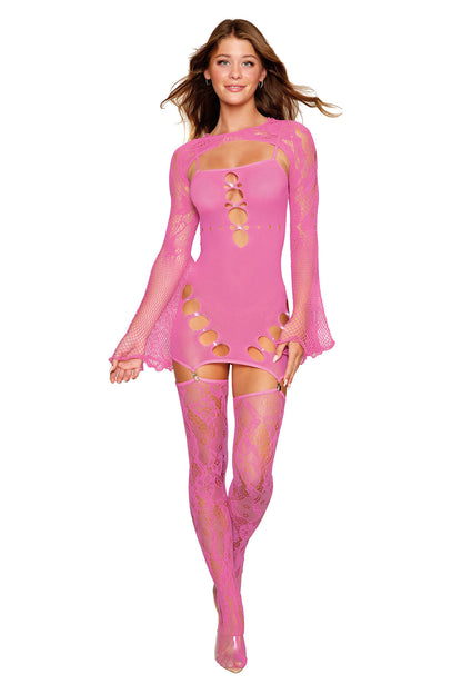 Garter Dress With Thigh High and Shrug - One Size  - Milkshake Pink