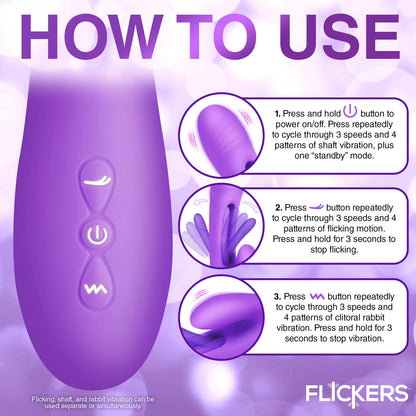 Tri-Flick Flicking Silicone Rabbit Vibrator -  Purple