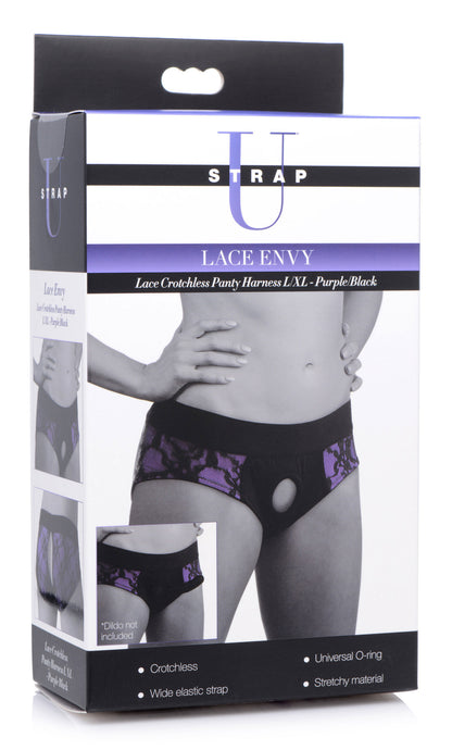 Lace Envy Crotchless Panty Harness - S/ M Black and Purple