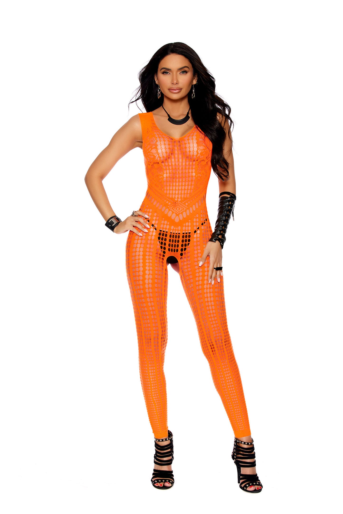 Crochet Footless Bodystocking With Open Crotch -  One Size - Orange