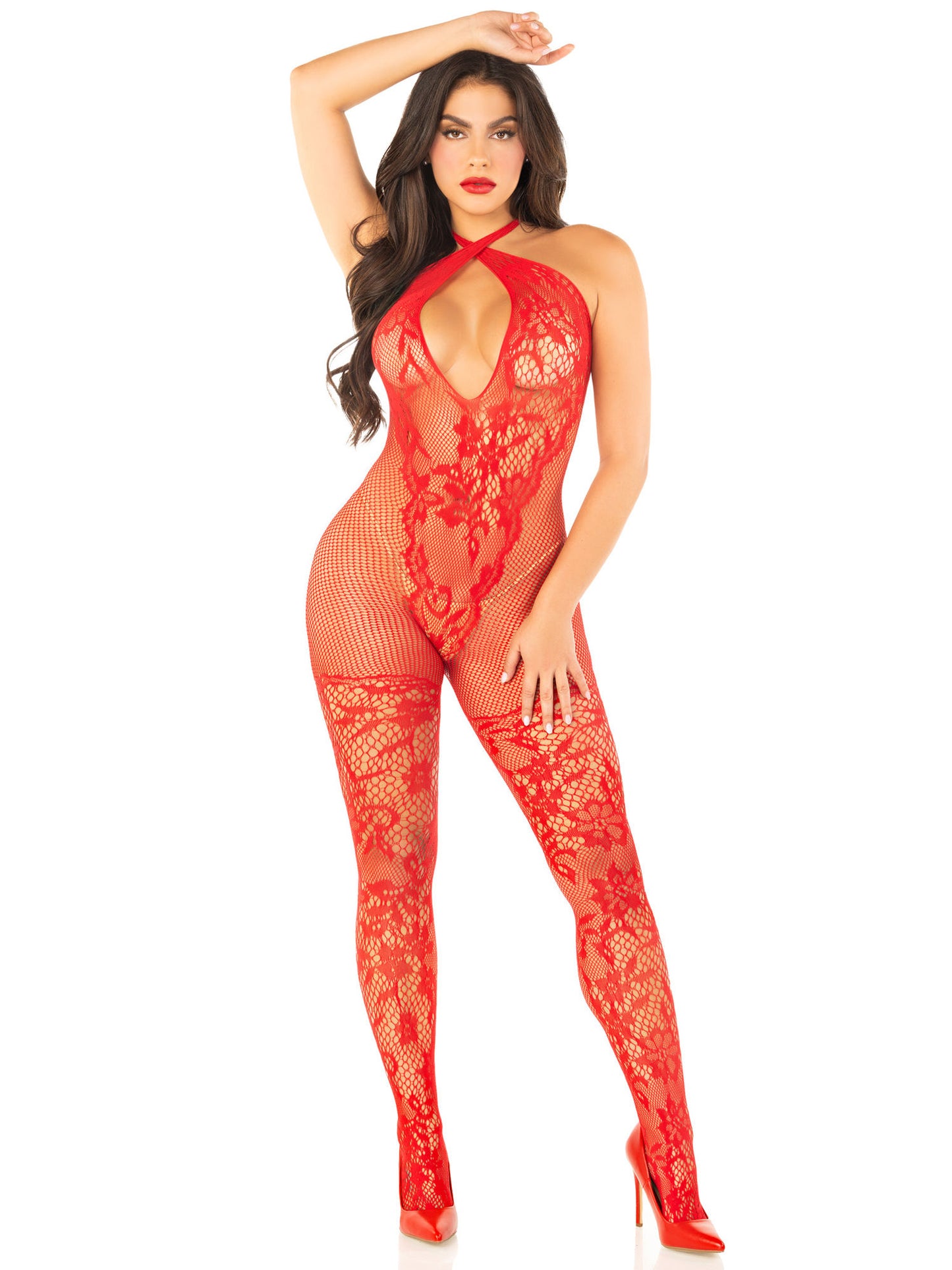 Black Seamless Net and Lace Lingerie Jumpsuit - With Keyhole Crossover Halter - Os