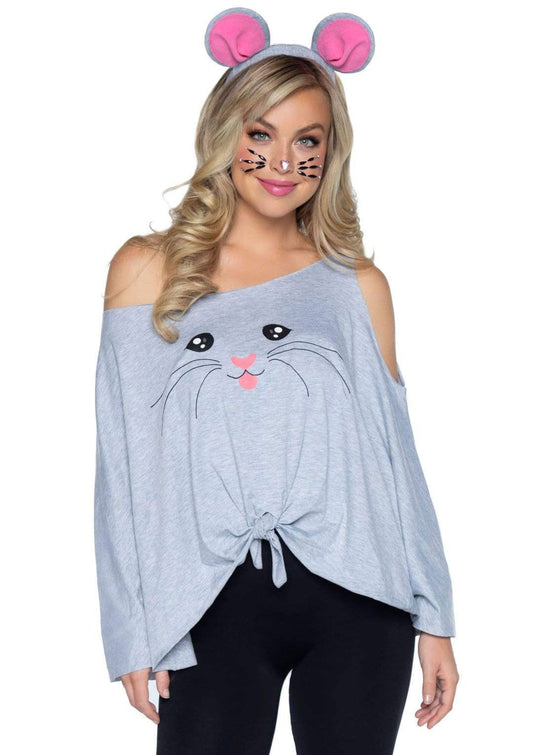 Woman wearing a mouse costume poncho with cold shoulder sleeves, knotted front, and mouse ear headband, perfect for Halloween.