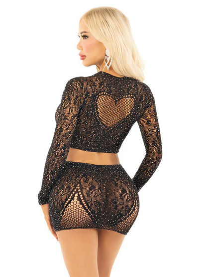 Black 2pc Rhinestone Lace and Net Crop Top With -  Heart Keyhole Mini Skirt - Os