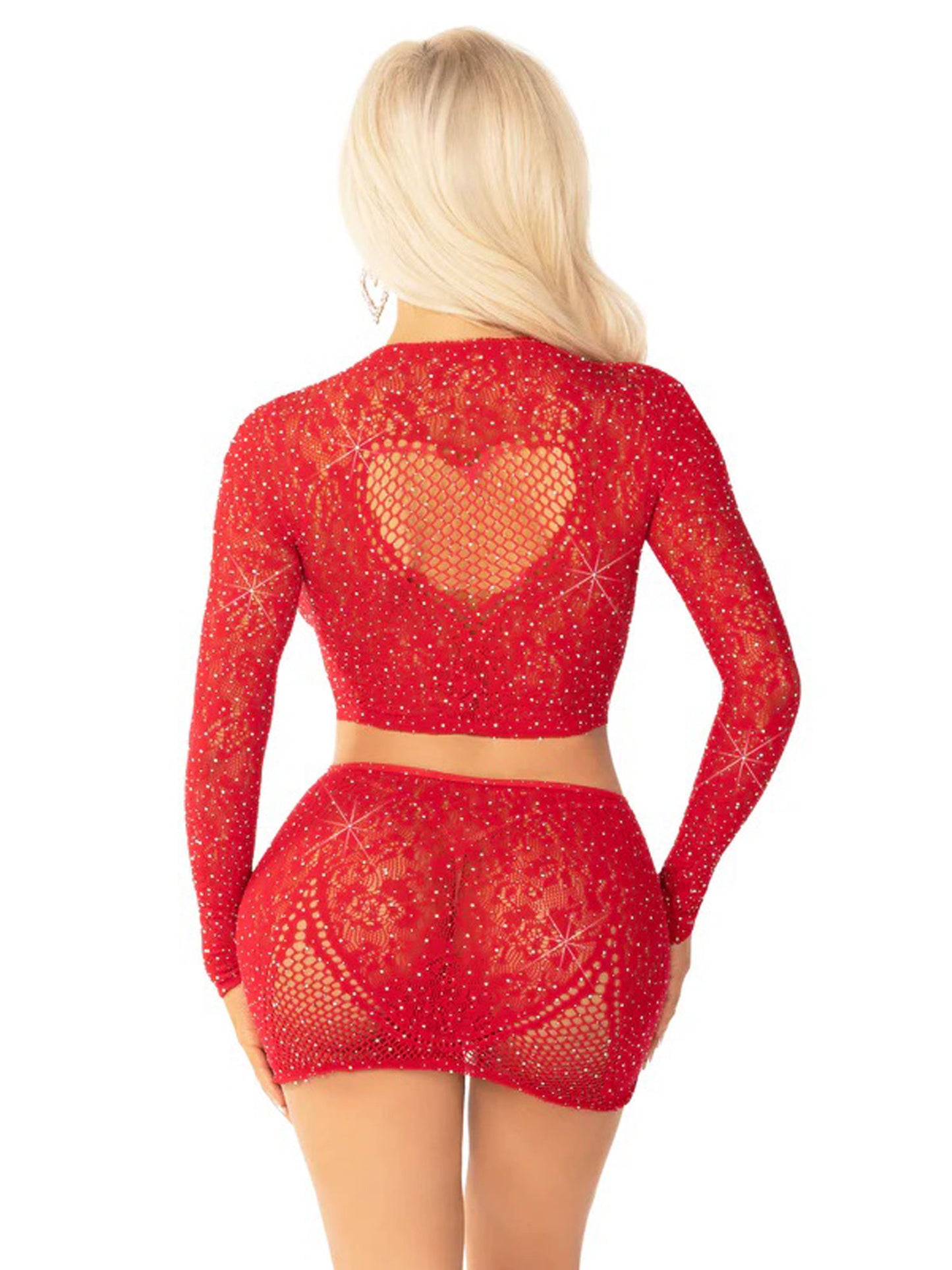 Black 2pc Rhinestone Lace and Net Crop Top With -  Heart Keyhole Mini Skirt - Os