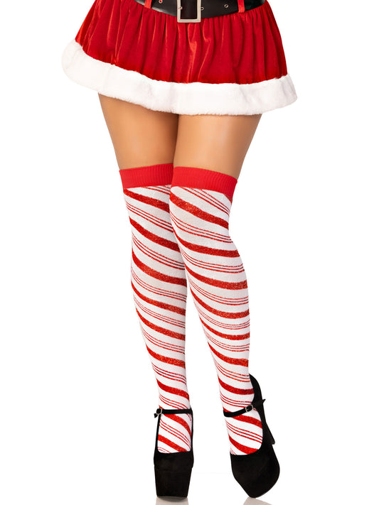 Candy Cane Lurex Striped Socks - Over the Knee - Os - White/red