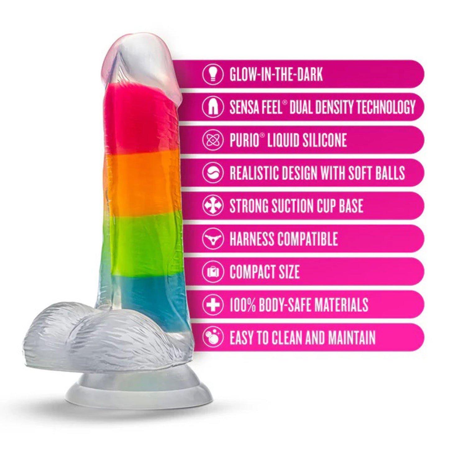 Neo Elite Glow in the Dark Rainbow Rave 6.5" Silicone Dual Density Dildo Multicolored