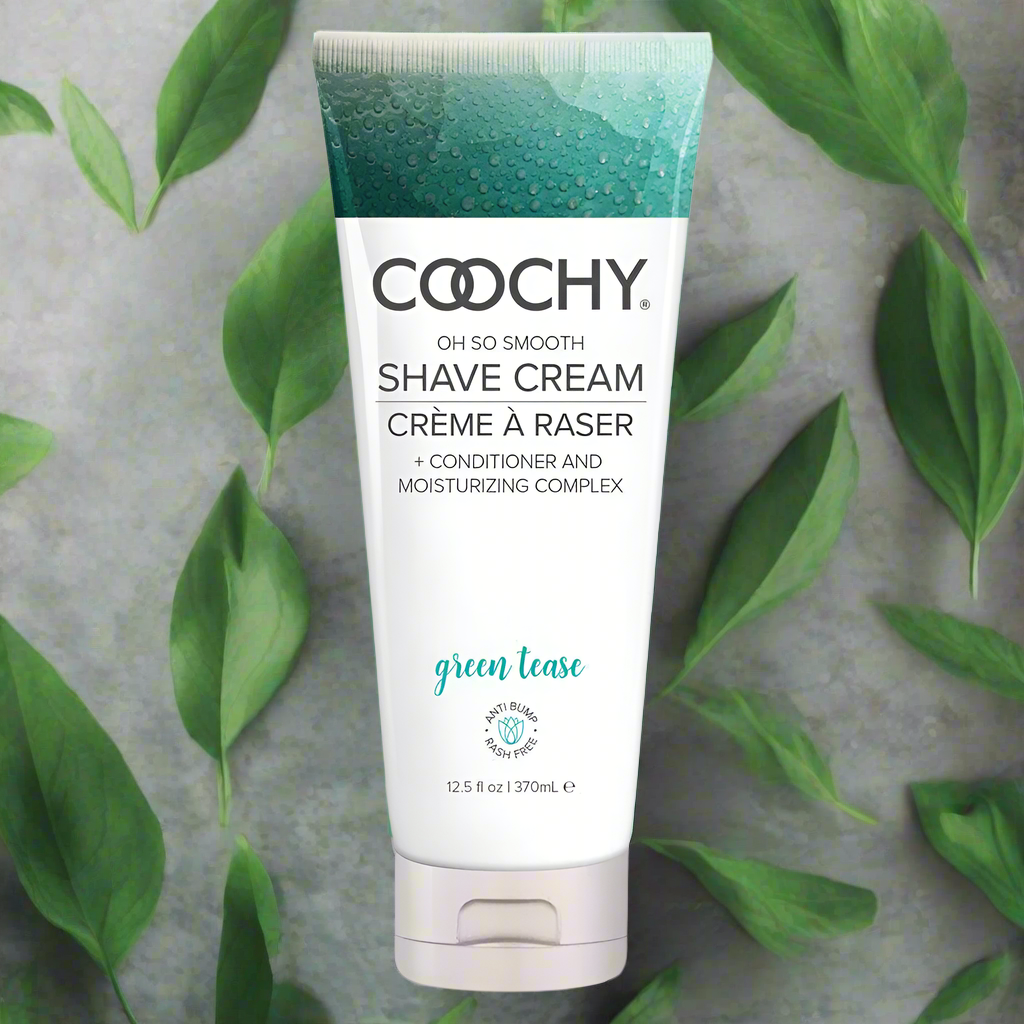 Crema de afeitar Coochy Tease verde 12.5 onzas líquidas.