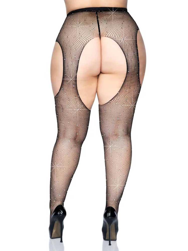 Casey Rhinestone Fishnet Suspender Pantyhose - Queen - Black - Love It Wet