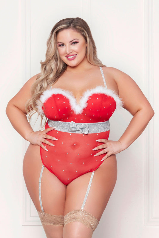 Rhinestone Studded Mesh Teddy With Marabou Trim - X-Large - Red - Love It Wet