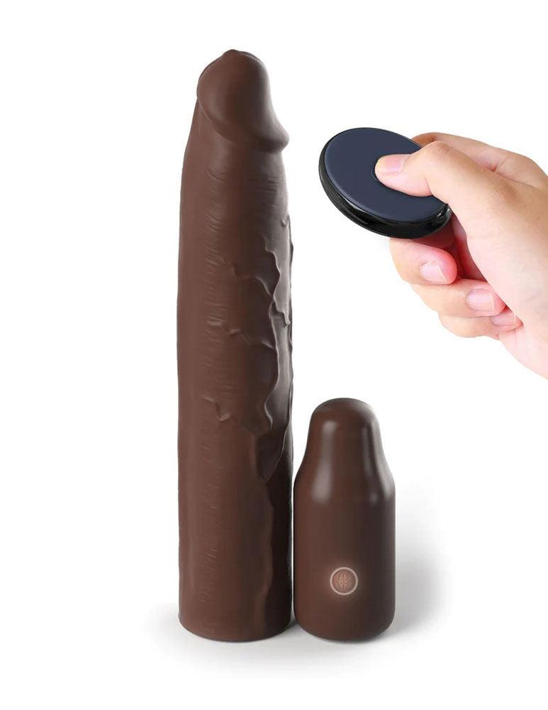 Fantasy X-Tensions Elite 9 Inch Sleeve Vibrating 3 Inch Plug With Remote - Brown - Love It Wet