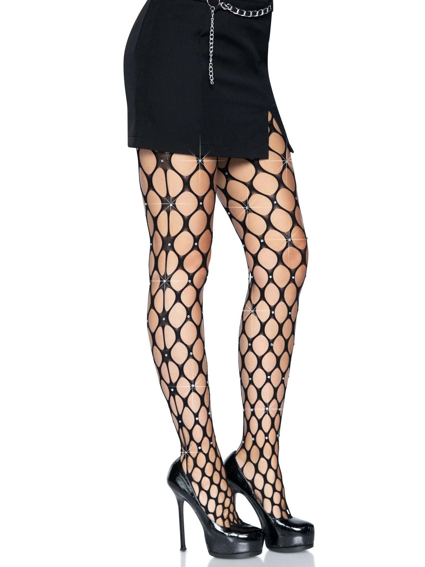 Rhinestone Pothole Net Tights - One Size - Black - Love It Wet