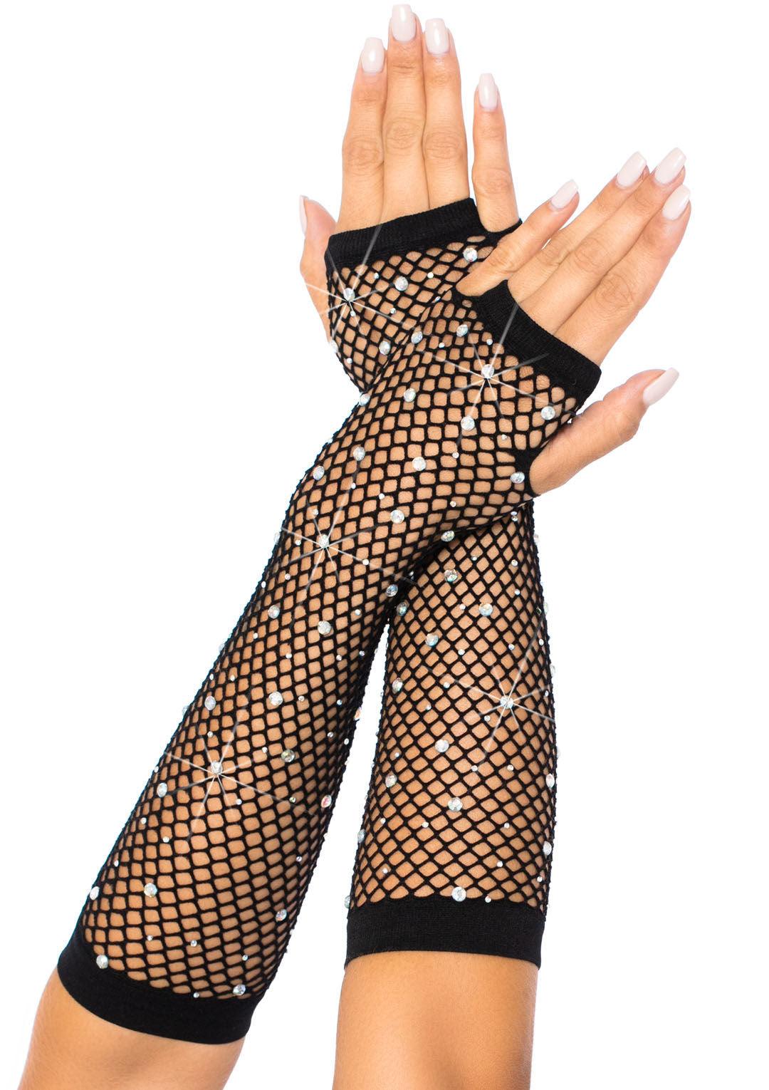 Rhinestone Fishnet Arm Warmers Black - Love It Wet