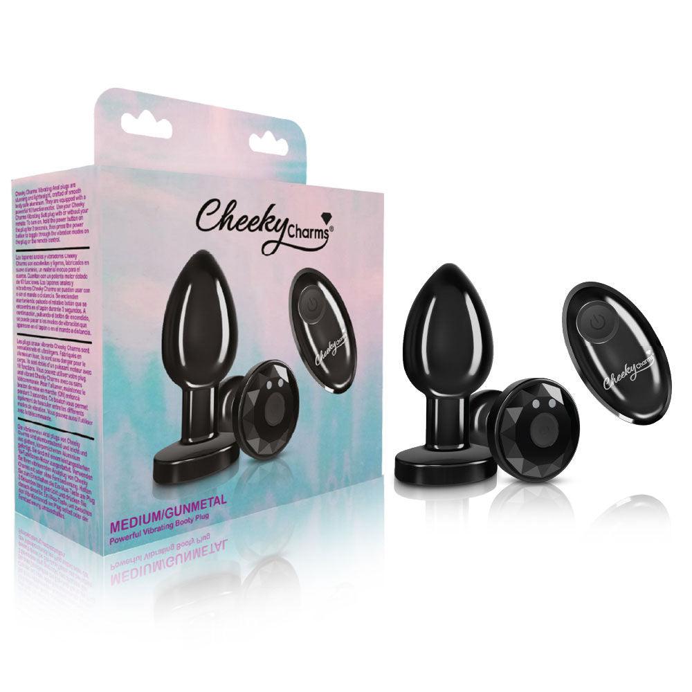 Cheeky Charms - Rechargeable Vibrating Metal Butt Plug With Remote Control - Gunmetal - Medium - Love It Wet