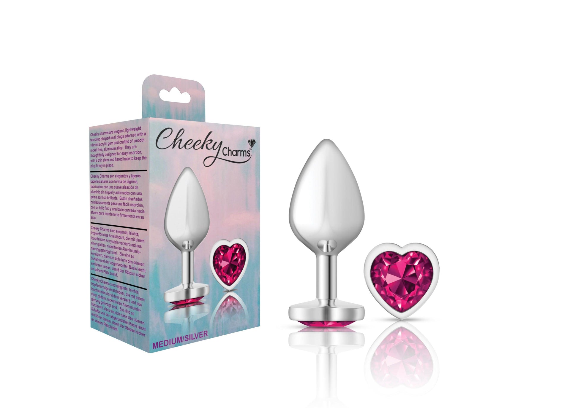 Cheeky Charms-Silver Metal Butt Plug- Heart-Bright Pink-Medium - Love It Wet