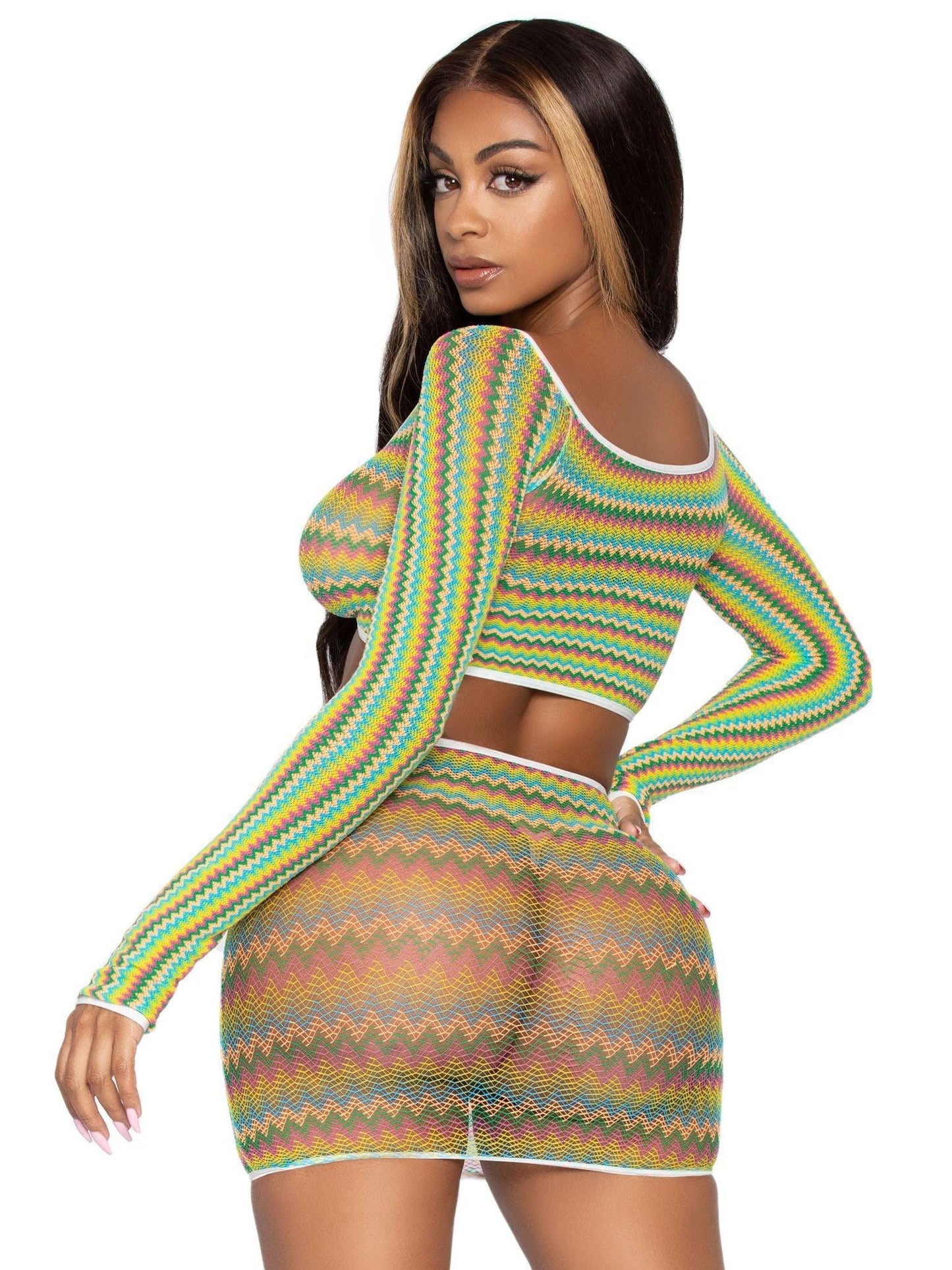 2 Pc Zig Zag Net Crop Top and Mini Dress - One Size - Green - Love It Wet