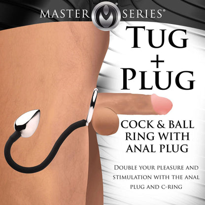 Tug Plus Plug Cock and Ball Ring With Anal Plug - Black - Love It Wet