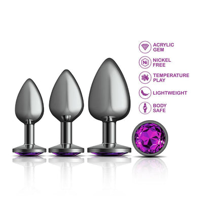 Cheeky Charms - Metal Butt Plug Gunmetal - Round - Deep Purple - Anal Trainer Kit - Love It Wet