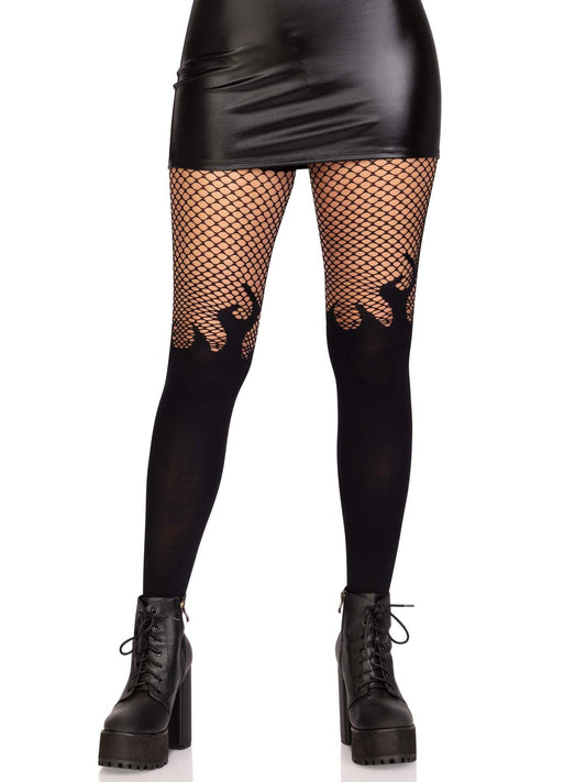 Opaque Flame Tights With Fishnet Top - One Size - Black - Love It Wet