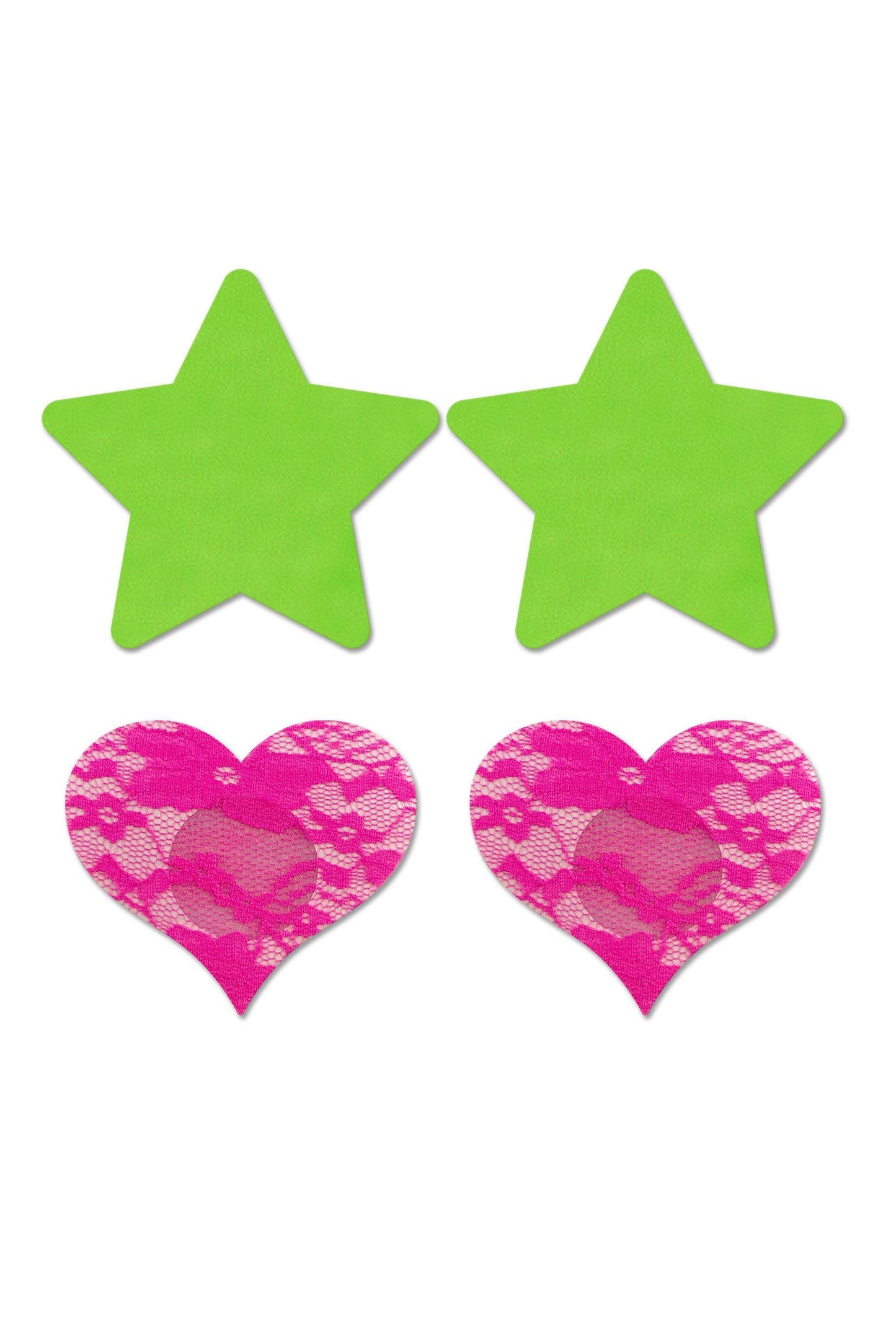 Fashion Pasties Set - Neon Green Solid Star and Neon Pink Lace Heart - Love It Wet