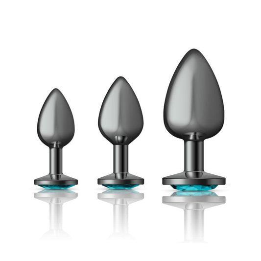 Cheeky Charms - Metal Butt Plug Gunmetal - Round - Teal - Anal Trainer Kit - Love It Wet