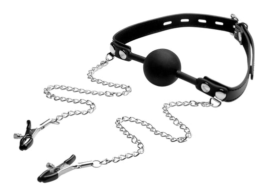 Silicone Ball Gag W/nipple Clamps - Love It Wet