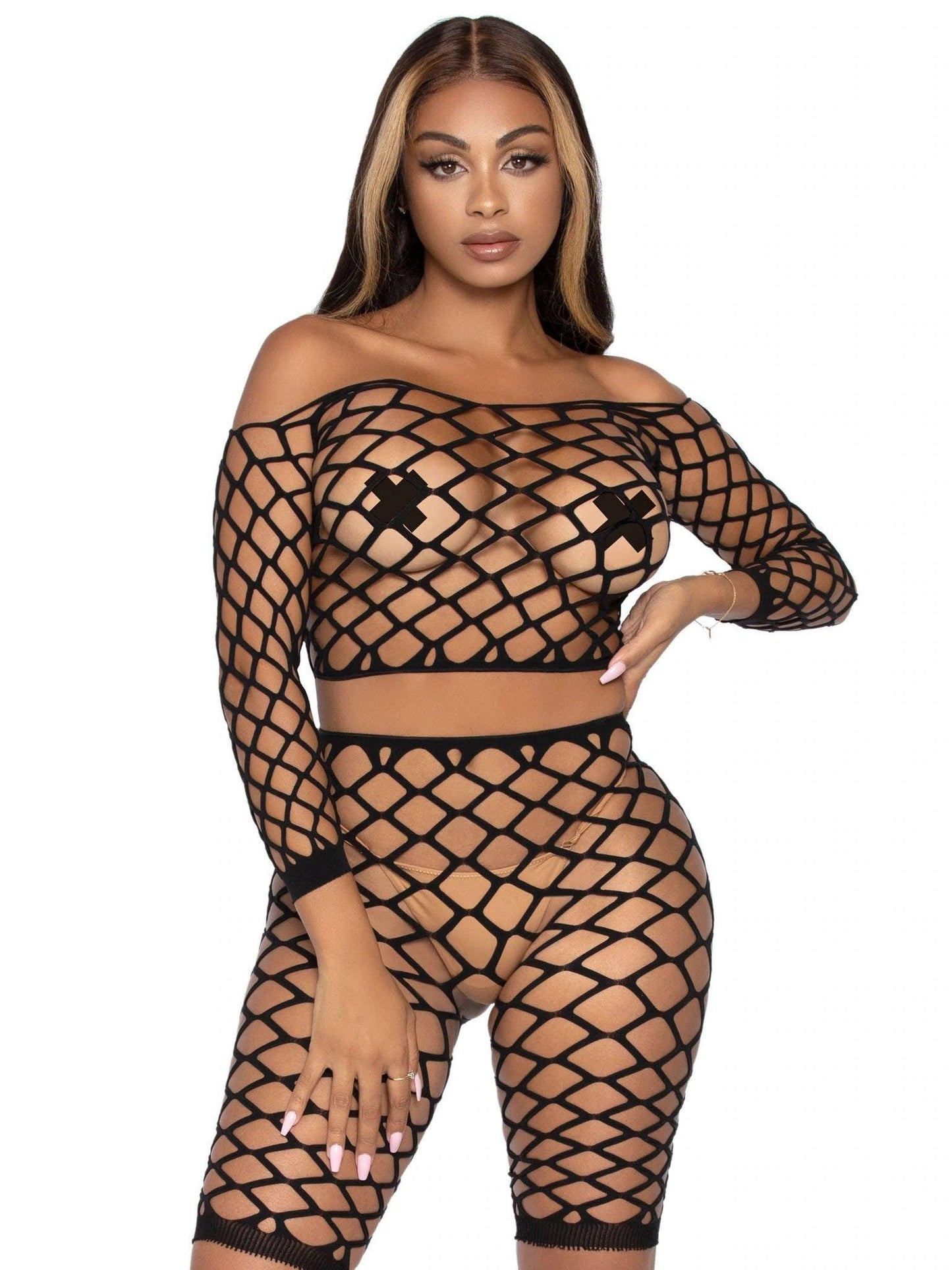 2 Pc Net Crop Top and Bike Shorts - One Size - Black - Love It Wet