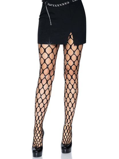 Rhinestone Pothole Net Tights - One Size - Black - Love It Wet