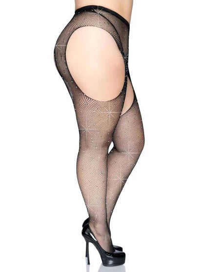 Casey Rhinestone Fishnet Suspender Pantyhose - Queen - Black - Love It Wet