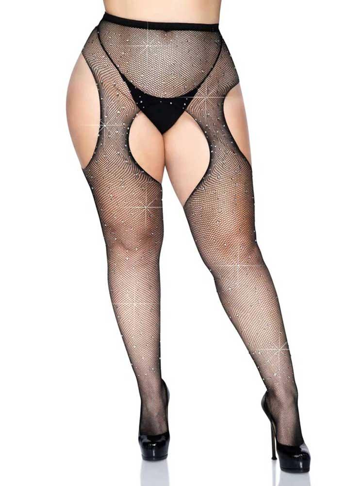 Casey Rhinestone Fishnet Suspender Pantyhose - Queen - Black - Love It Wet