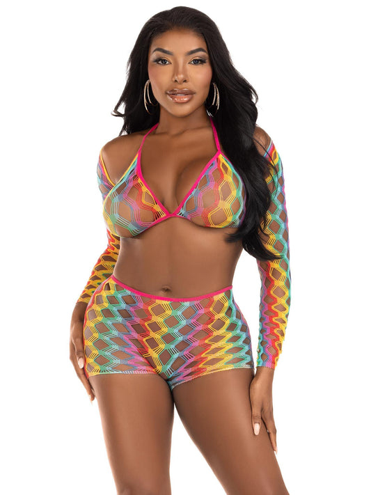 3 Pc Net Bra Top With Shrug and Boy Shorts - One Size - Multicolor - Love It Wet