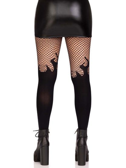 Opaque Flame Tights With Fishnet Top - One Size - Black - Love It Wet