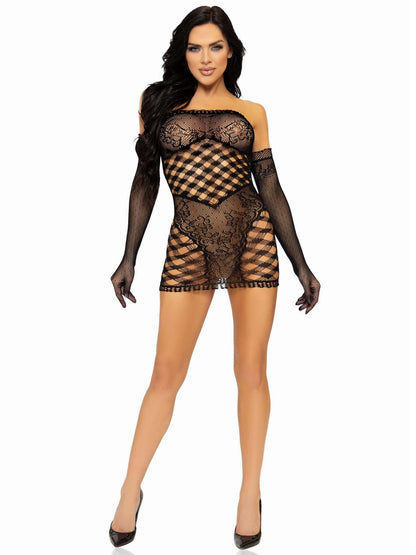 2 Pc Hardcore Net Tube Dress With Gloves - One Size - Burgundy - Love It Wet