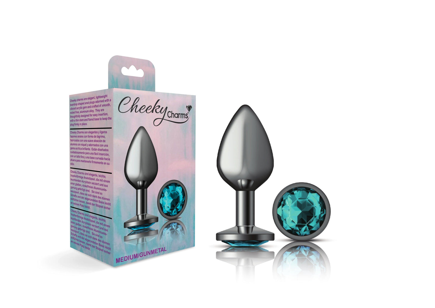 Cheeky Charms-Gunmetal Metal Butt Plug- Round-Teal-Medium - Love It Wet