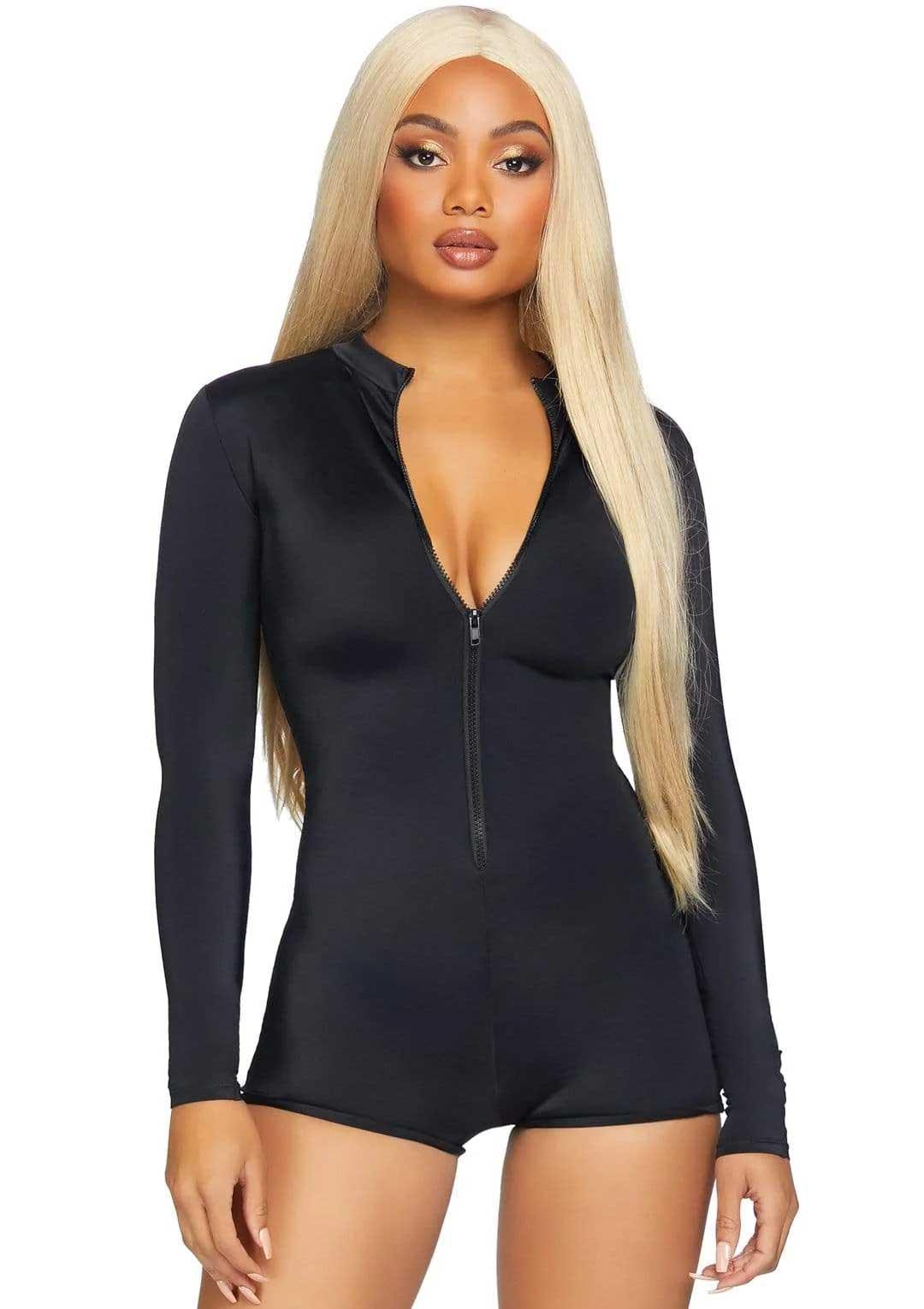 Zipper Front Long Sleeved Matte Romper - Large - Black - Love It Wet