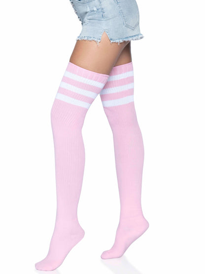 3 Stripes Athletic Ribbed Thigh Highs - One Size - Light Pink - Love It Wet