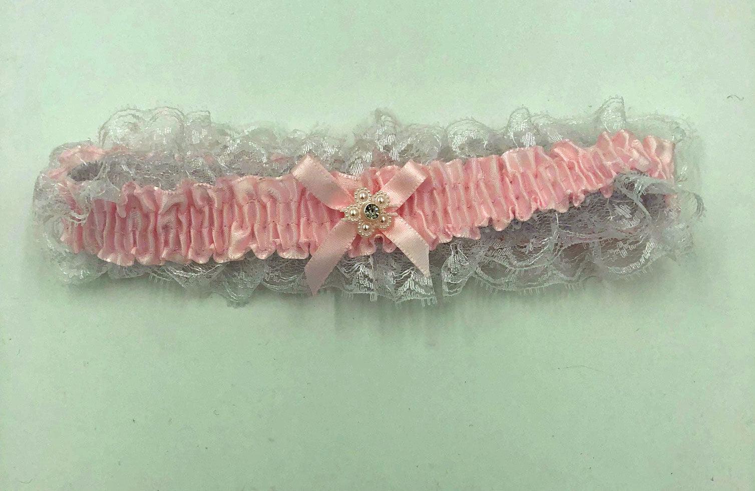 Satin Leg Garter - One Size - Baby Pink With White Lace - Love It Wet