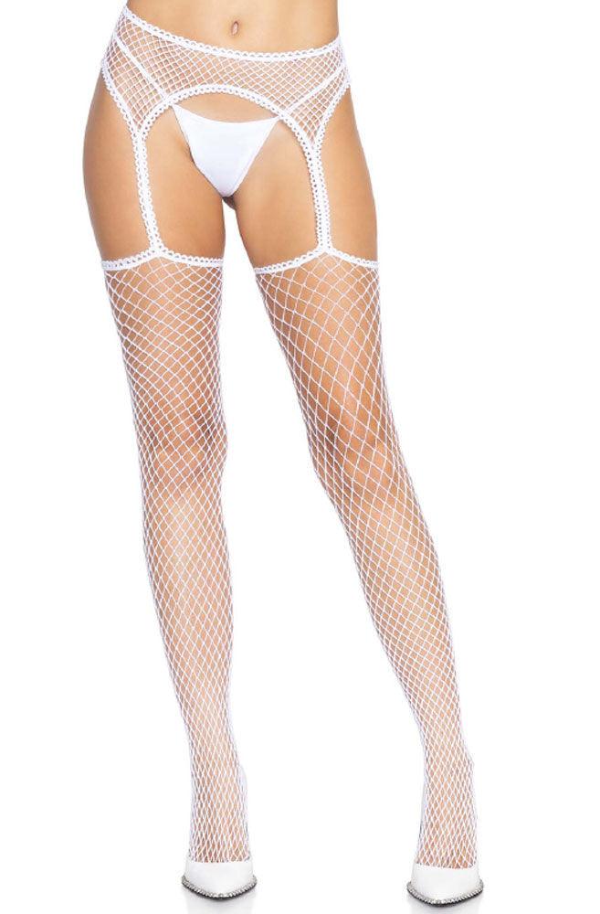 Industrial Net Stockings With Scalloped Trimmed Attached Garter Belt - One Size - Black - Love It Wet