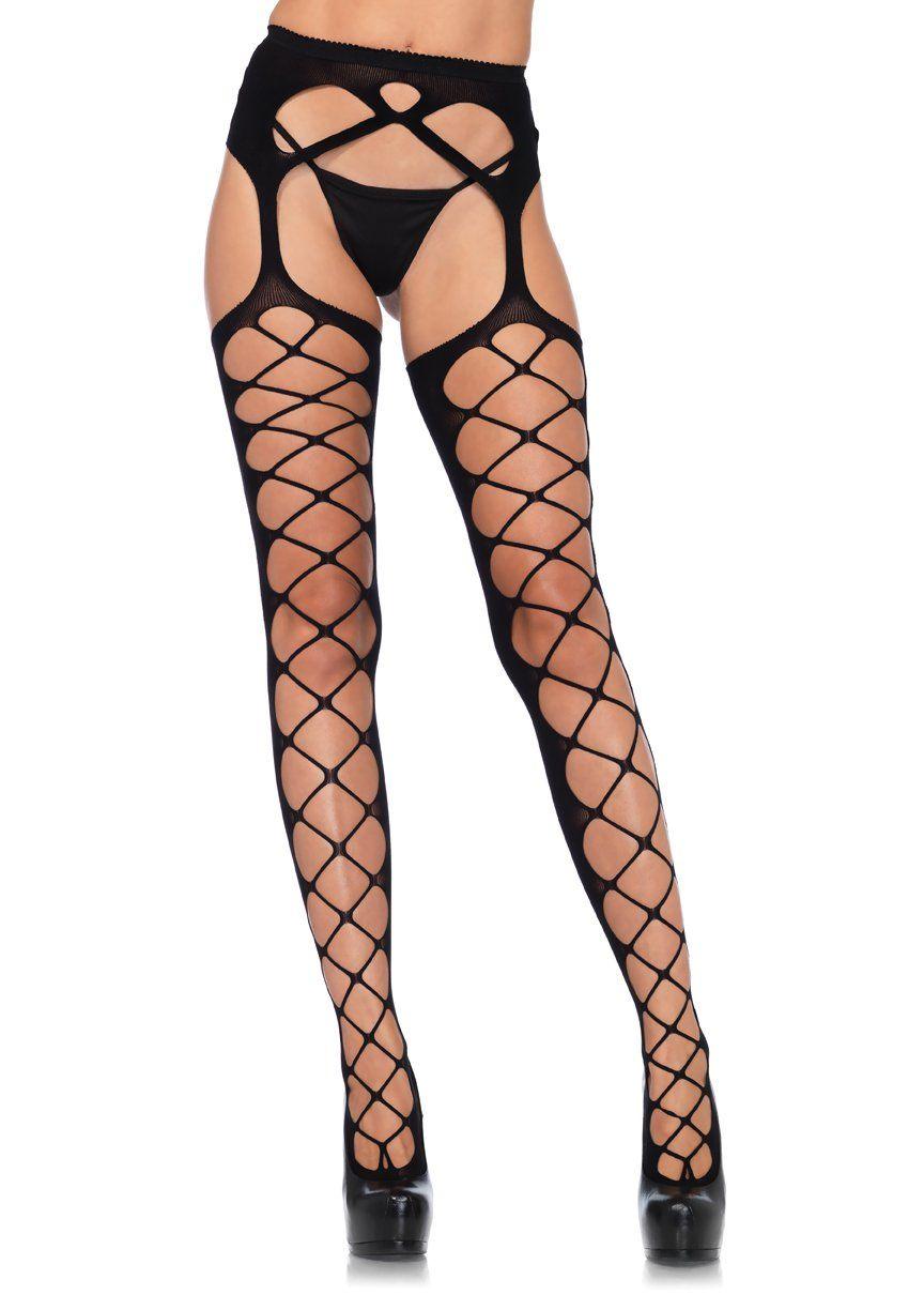 Diamond Net Opaque Stockings With Attached Garter - Black - One Size - Love It Wet