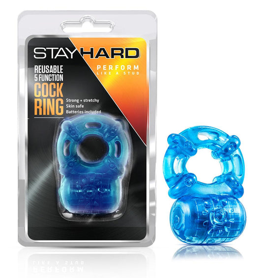 Stay Hard Reusable 5 Function Vibrating Cock Ring - Blue - Love It Wet