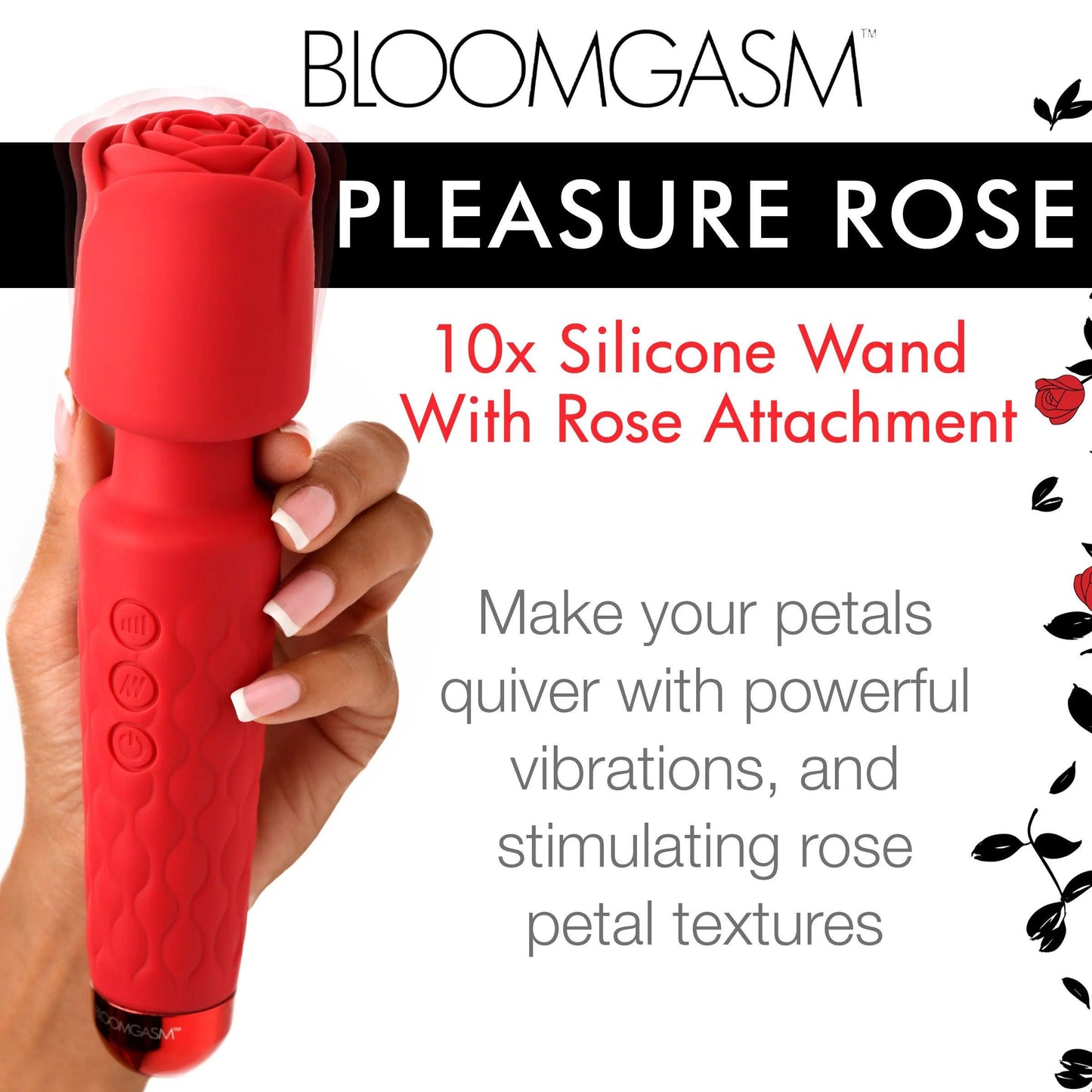 Pleasure Rose 10x Silicone Wand With Rose Attachment - Red - Love It Wet