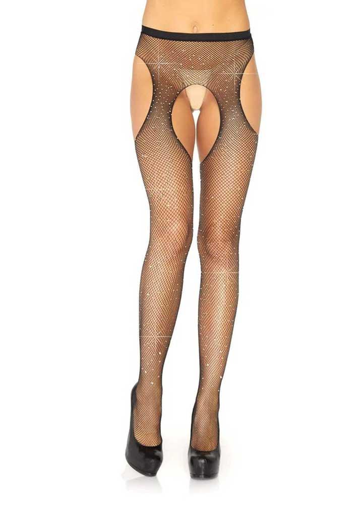 Casey Rhinestone Fishnet Suspender Pantyhose - One Size - Black - Love It Wet