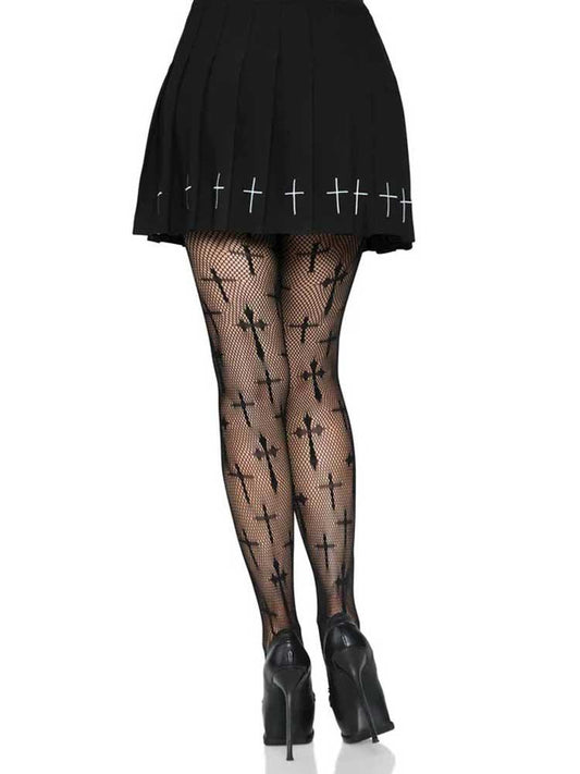 Worship Me Cross Net Tights - 1x/2x - Black - Love It Wet