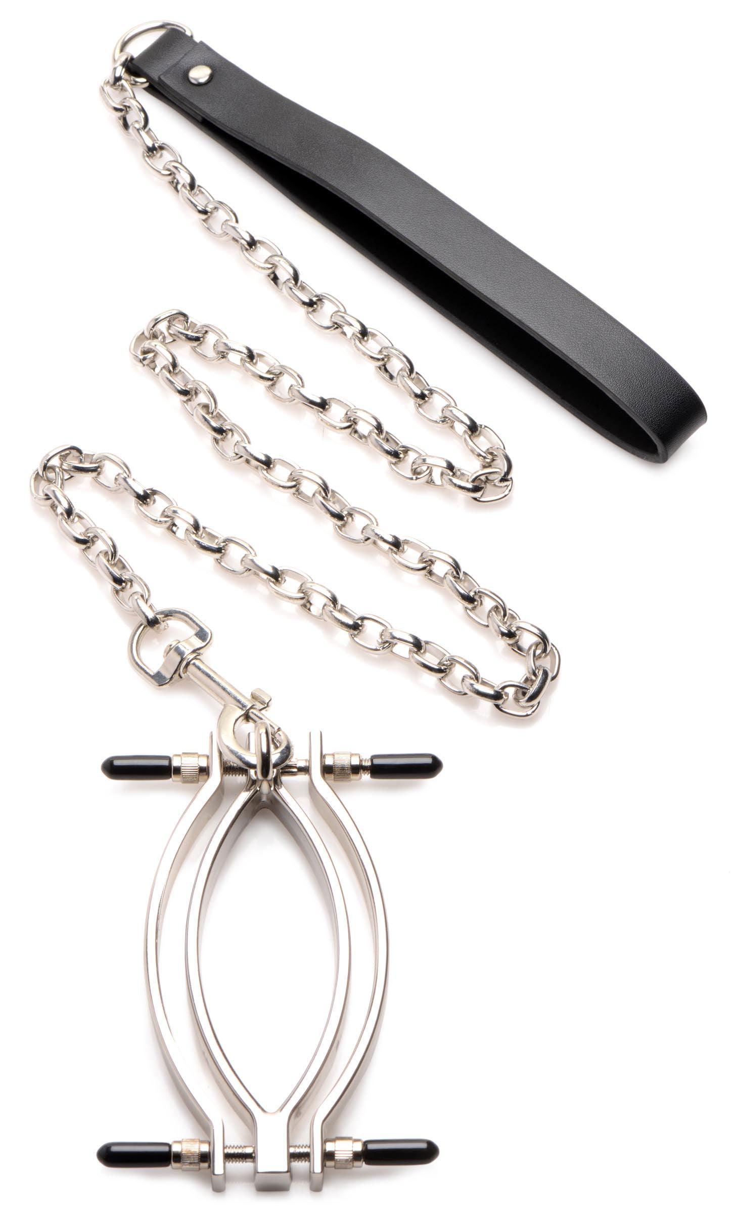 Pussy Tugger Adjustable Pussy Clamp With Leash - Silver - Love It Wet